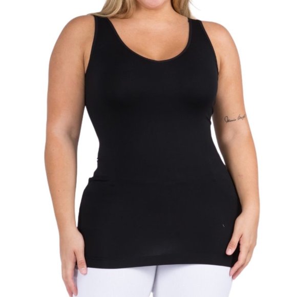 YELETE Plus 1 Size Black Seamless Tank Top. Long Version. Reversible U or V Neck - Picture 2 of 5